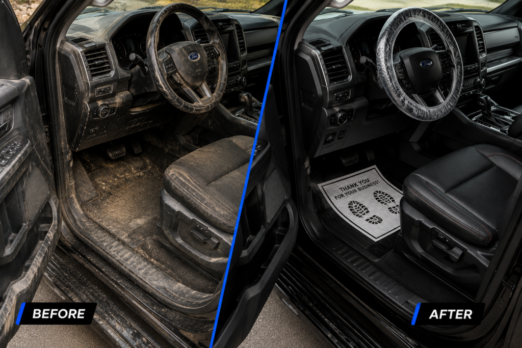 Split-view of a pickup truck interior: left side dirty and muddy, steering wheel and floor fouled; right side clean, vacuumed with a clinic-clean dashboard and a 'THANK YOU FOR YOUR BUSINESS' mat visible