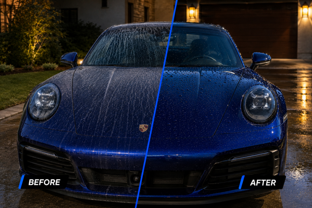 Front view of a blue Porsche, water droplets visible, split by a blue line into dirty (left) and clean (right) halves labeled BEFORE and AFTER for a cleaning comparison.