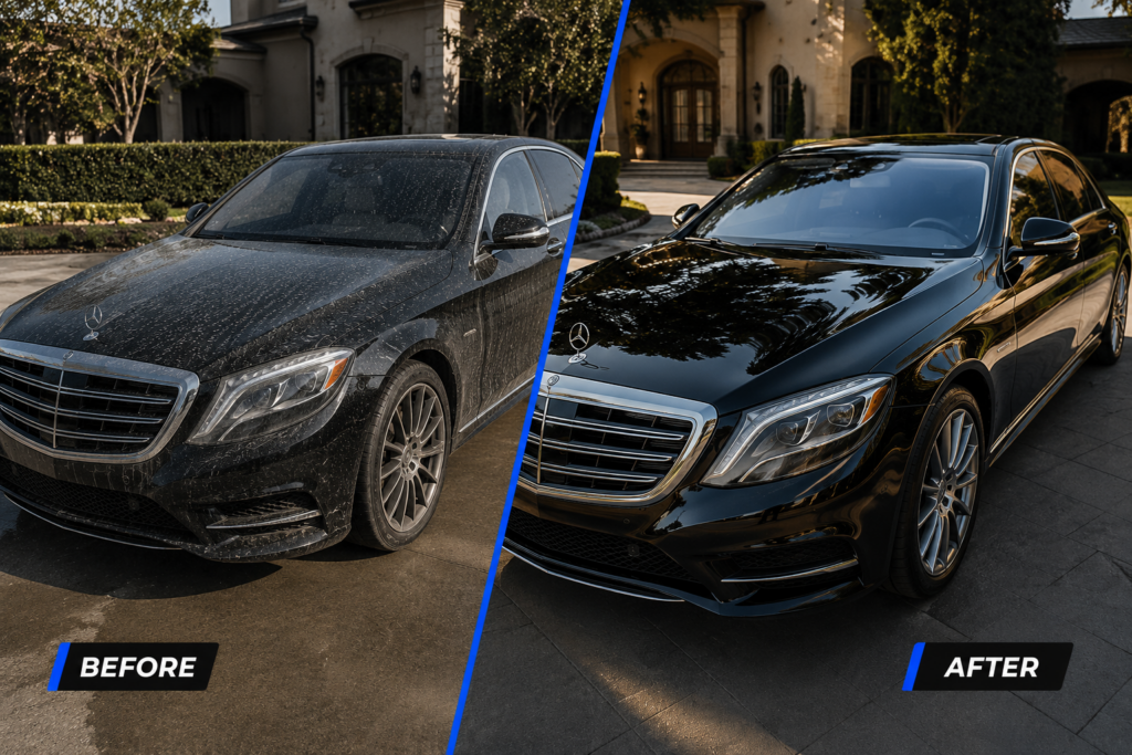 Split-screen image showing a dirty Mercedes on the left and a clean, shiny Mercedes on the right, demonstrating a before/after car detailing scene.